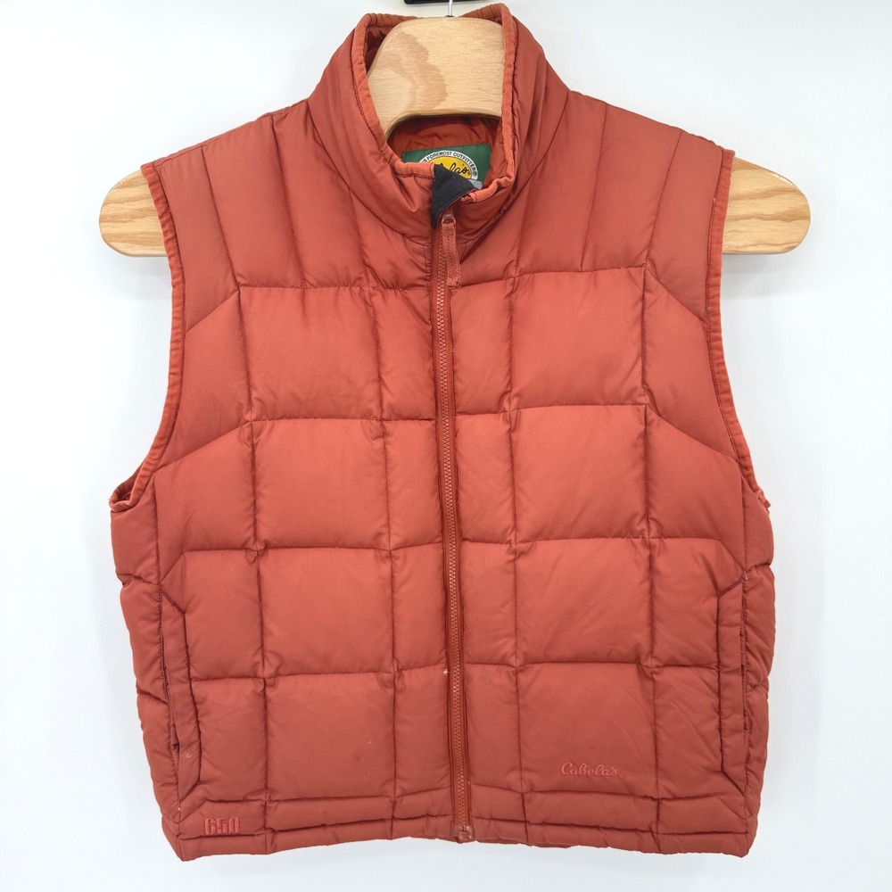 Cabela's Puffer Vest Men L Orange Premier Northern Goose‎ Down 650 Fill Quilted
